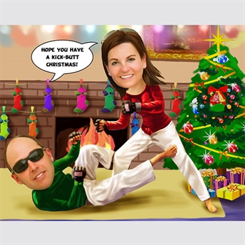 Custom Christmas Caricature of A Couple Playing Kung Fu by Fireplace at Home,by myDaVinci - myDaVinci